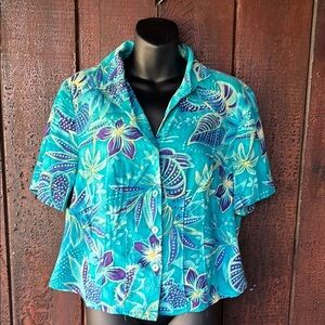 Vintage 90s Linen Tropical Hawaiian Floral Short Sleeve Button Down Shirt Sz 14